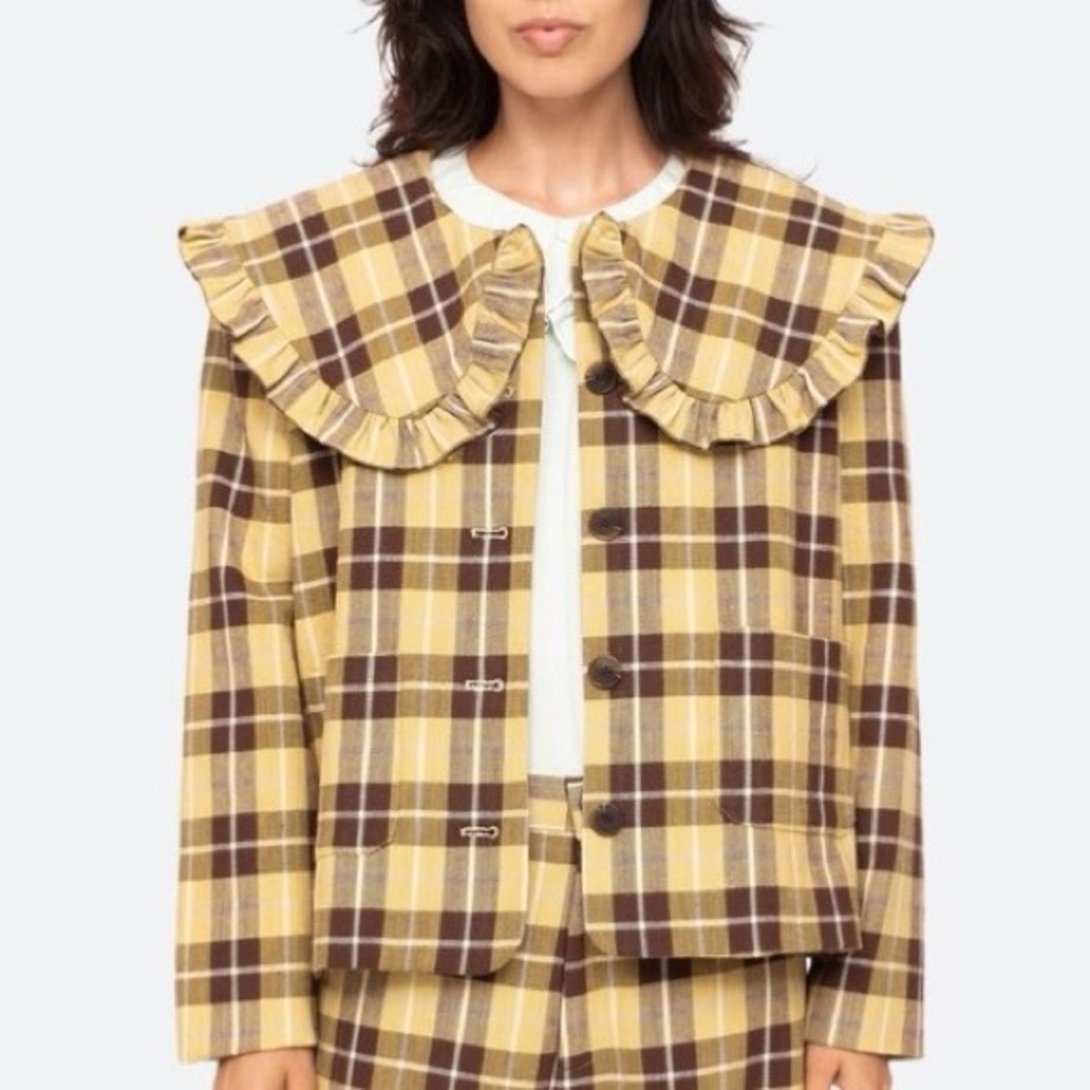 Sea New York Yellow and Brown Plaid Ruffled Collar Jacket